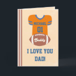 Football Jersey Card, Vaderdag Birthday Kaart<br><div class="desc">Zeg papa dat je van hem houdt met dit leuke footballs jersey wenskaart voor papa. Maakt een geweldige Vaderdag-Kaart of verjaardagskaart voor elke vader die van football houdt. Pas eenvoudig de naam, het nummer op de trui en de tekst 'I love you dad' aan! Bezoek onze winkel voor een selectie...</div>