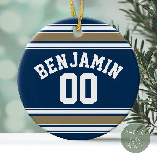 Football Jersey Navy Blue Gold Stripes Name Number Keramisch Ornament