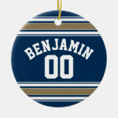 Football Jersey Navy Blue Gold Stripes Name Number Keramisch Ornament (Voorkant)