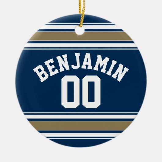 Football Jersey Navy Blue Gold Stripes Name Number Keramisch Ornament (Voorkant)