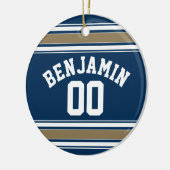Football Jersey Navy Blue Gold Stripes Name Number Keramisch Ornament (Links)