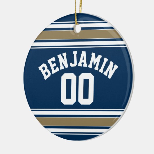 Football Jersey Navy Blue Gold Stripes Name Number Keramisch Ornament (Links)