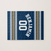 Football Jersey Navy Blue Gold Stripes Name Number Legpuzzel (Horizontaal)