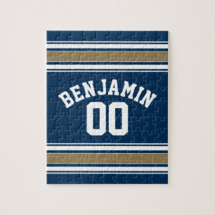 Football Jersey Navy Blue Gold Stripes Name Number Legpuzzel