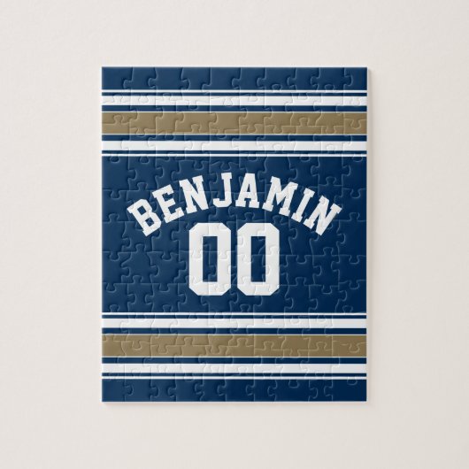 Football Jersey Navy Blue Gold Stripes Name Number Legpuzzel (Verticaal)