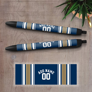 Football Jersey Navy Blue Gold Stripes Name Number Zwarte Inkt Pen