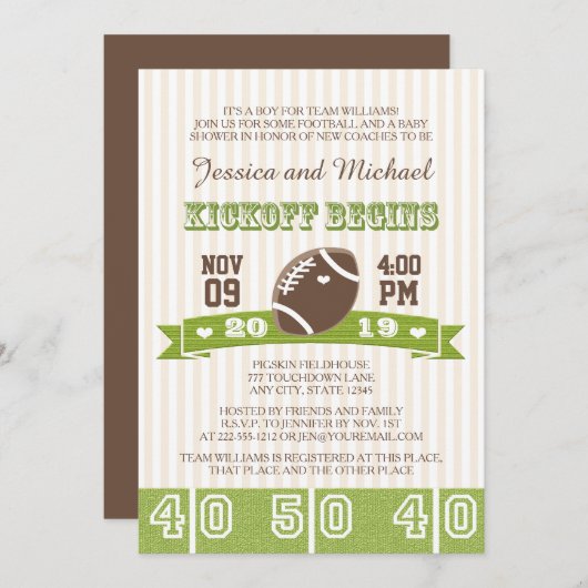 FOOTBALL KICKOFF KOPPELS BABY SHOWER KAART (Voorkant / Achterkant)