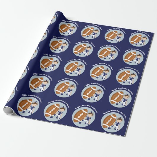 Football Kind Gepersonaliseerd Jongen Blauw Fijne  Cadeaupapier (Uitgerold)