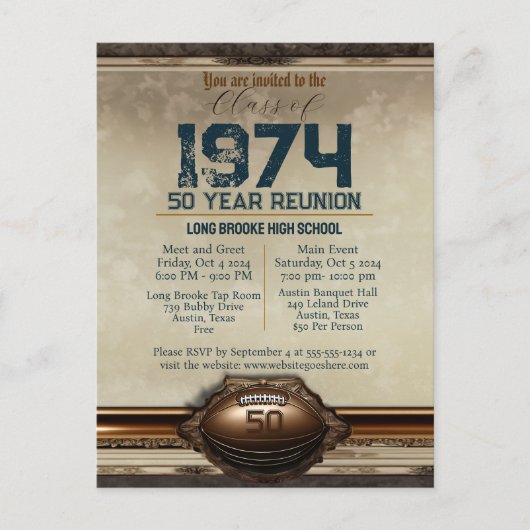 Football Klasse van 1974 50 Jaar High School Reuni Briefkaart (Voorkant)