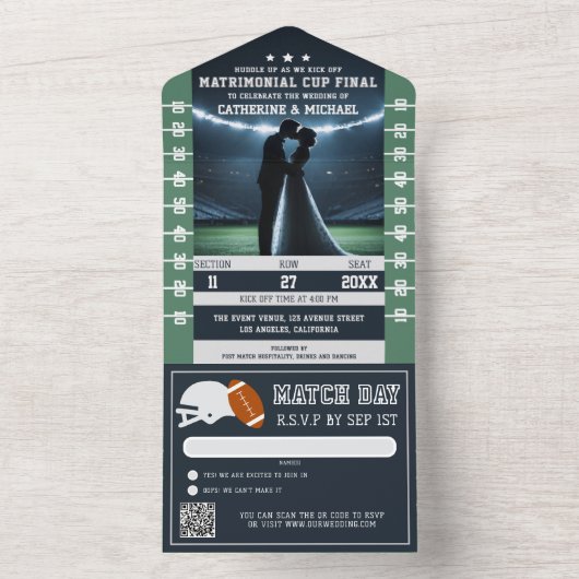 Football Match Ticket met QR Code RSVP Wedding All In One Uitnodiging (Binnen)