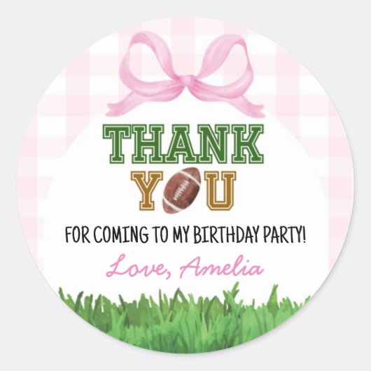 Football Meisje Verjaardagsfeest Roze Bow Ronde Sticker (Voorkant)