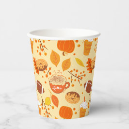 Football met bladeren en pompoenen papieren bekers