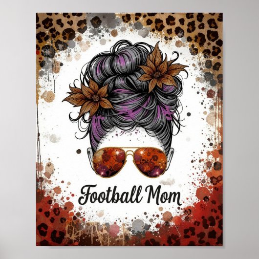 Football Mom Leopard Messy Bun Purple Floral Poster (Voorkant)