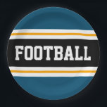 FOOTBALL Ocean Blauwgroen Zwart Wit Geel Strepen Papieren Bordje<br><div class="desc">Dit sportieve,  atletische ontwerp is voorzien van gedurfde FOOTBALLS tekst in een brede zwarte horizontale middenstreep,  met witte en goudgele racestrepen tegen de blauwgroen buitenste strepen van de oceaan. De tekst kan gepersonaliseerd worden.</div>