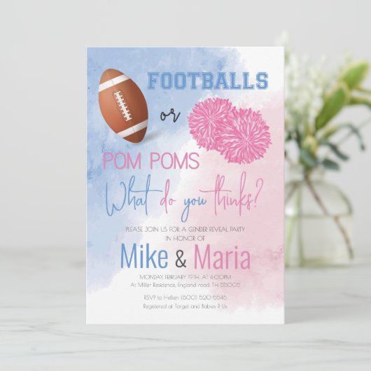 Football of Pom Poms genderonthullen uitnodiging (Staand voorkant)