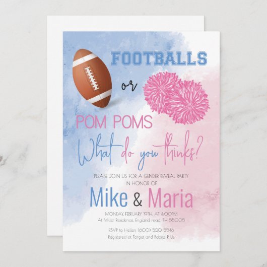 Football of Pom Poms genderonthullen uitnodiging (Voorkant / Achterkant)