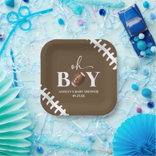 Football Oh Boy Brown Wit Baby shower Papieren Bordje (Feest)