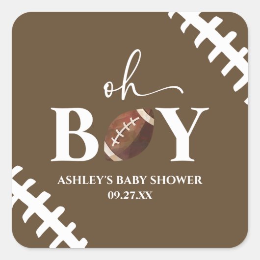 Football Oh Boy Brown Wit Baby shower Vierkante Sticker (Voorkant)
