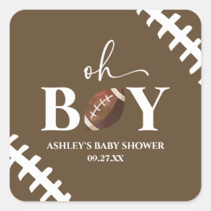 Football Oh Boy Brown Wit Baby shower Vierkante Sticker