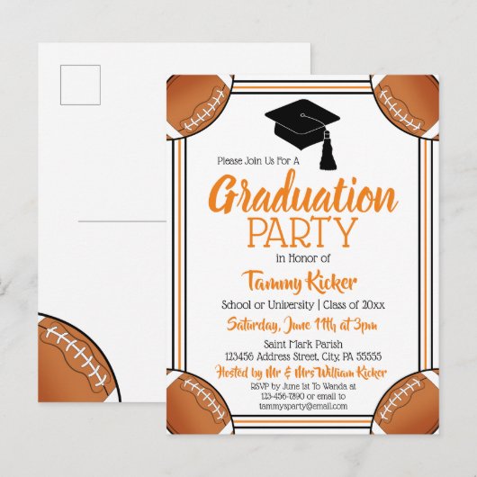 Football Oranje & zwarte Graduation Party Uitnodiging Briefkaart (Voorkant / Achterkant)