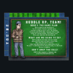 Football Partij Funny Coach Speech Field Game Day Kaart<br><div class="desc">Deze leuke partijuitnodigingen voor footballs omvatten een coach aan de voorzijde die een pregame speech geeft en een football veld aan de achterkant. De coach staat voor een krijgsraad, en je kunt alle tekst naast hem personaliseren. Op dit moment bevat het zinnen die gemaakt zijn om je gasten te motiveren...</div>