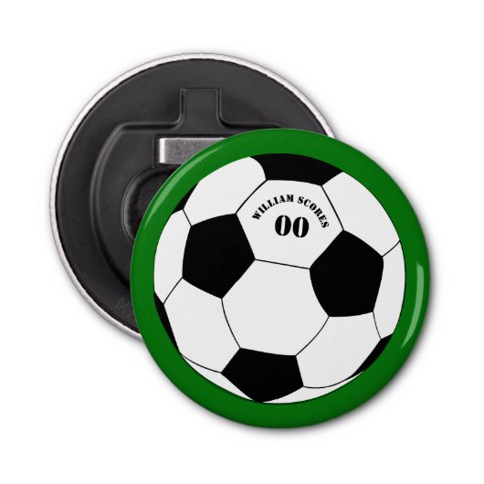 Football partij, Voetbal met naam en nummer Button Flesopener (Voorkant)