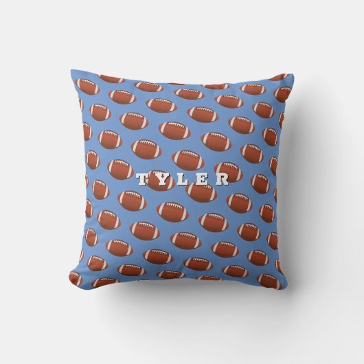 Football Pattern, personaliseer Vette Naam op Blau Kussen (Voorkant)