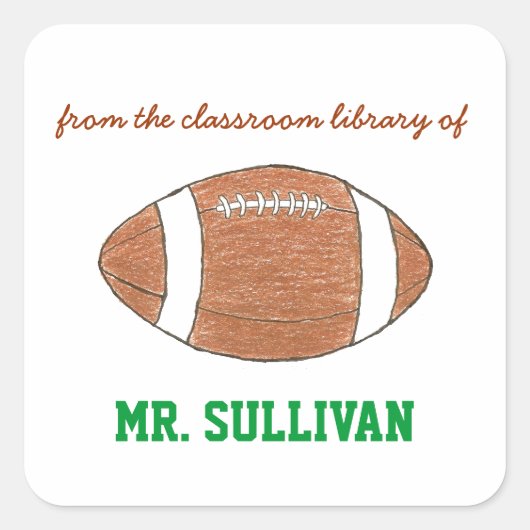 Football personalized teacher bookplate vierkante sticker (Voorkant)