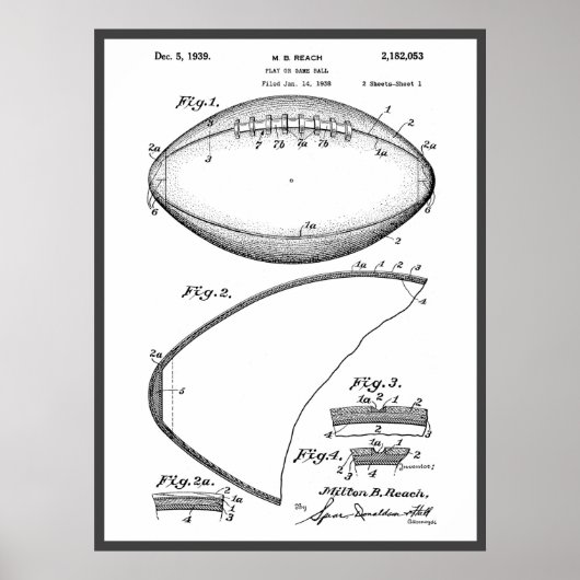 Football Pigskin 1939 Blueprint Patent Poster (Voorkant)