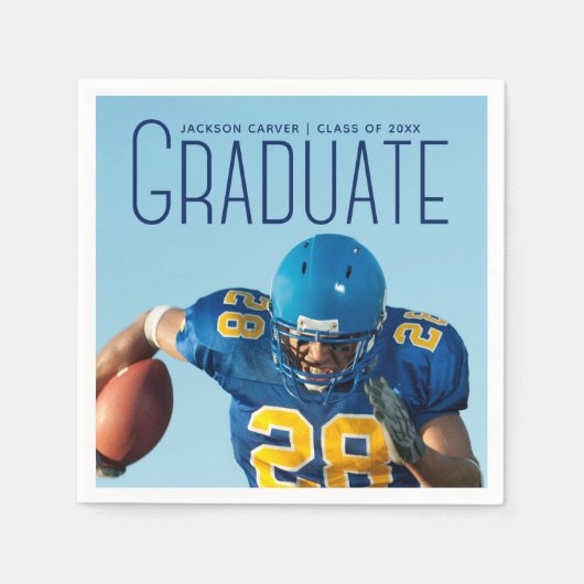 Football Player Afstuderen 2025 Blue Script Foto Servet (Voorkant)