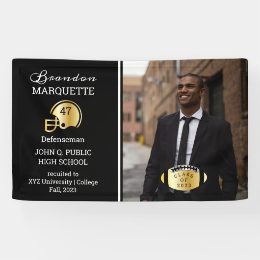 Football Player Photo Black | Goud Afstuderen Spandoek (Horizontaal)