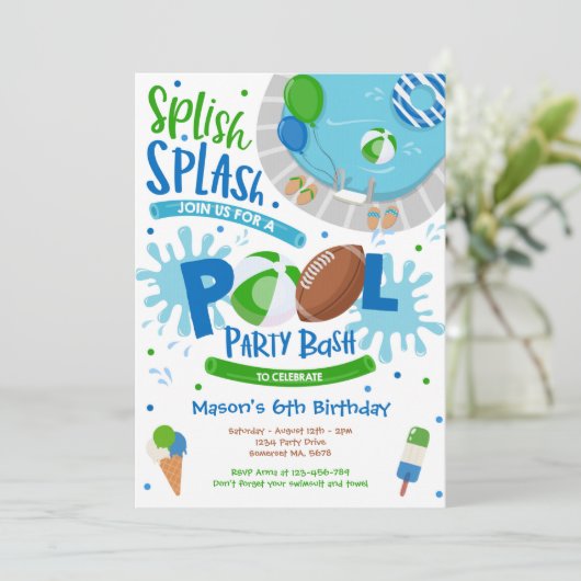 Football Pool Party Splish Splash Pool Birthday Kaart (Staand voorkant)