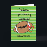 Football Pun Husband Verjaardag Kaart<br><div class="desc">Een gepersonaliseerde football verjaardagskaart voor man met een football en hart op de voorkant met een plek voor u om zijn naam toe te voegen. De binnenste kaart bericht heeft een football pun verjaardagsbericht, die ook kan worden gepersonaliseerd indien gewenst. Een uniek football verjaardagskaart voor hem speciaal voor football liefhebbers!...</div>