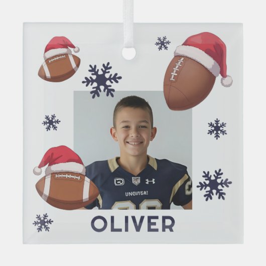 Football Santa Hat Name Photo Christmas  Glas Ornament (Voorkant)