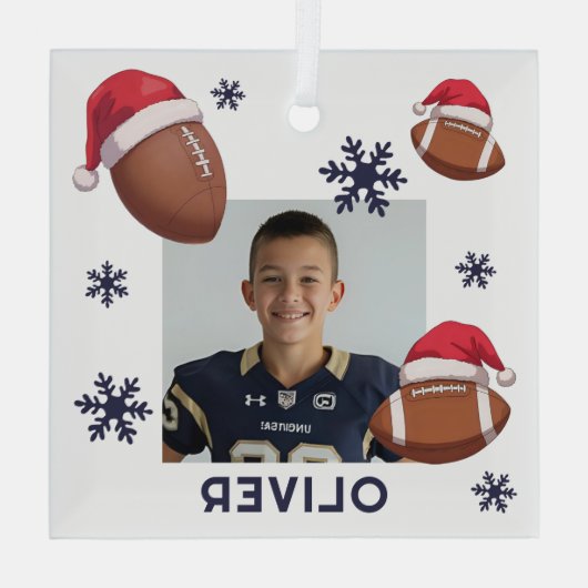 Football Santa Hat Name Photo Christmas  Glas Ornament (Achterkant)