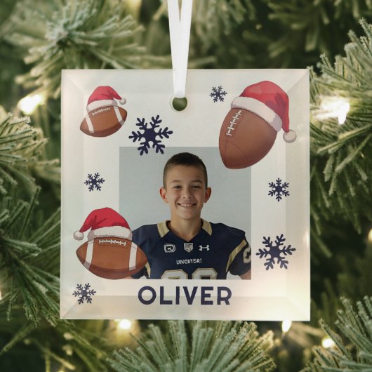 Football Santa Hat Name Photo Christmas  Glas Ornament (Insitu)