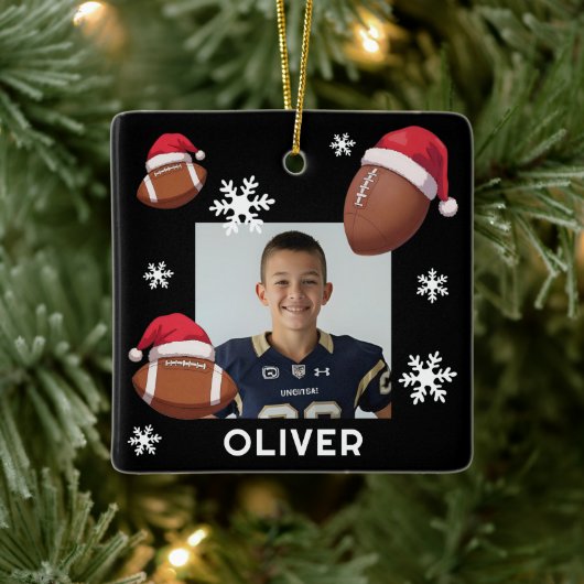 Football Santa Hat Name Photo Christmas Keramisch Ornament (Boom)