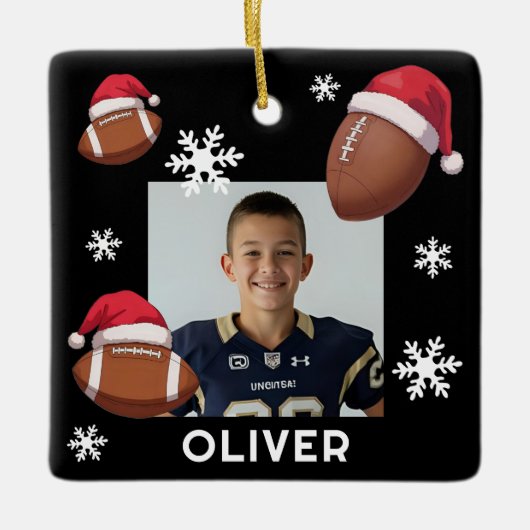 Football Santa Hat Name Photo Christmas  Keramisch Ornament (Voorkant)