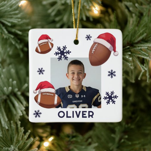 Football Santa Hat Name Photo Christmas  Keramisch Ornament (Boom)