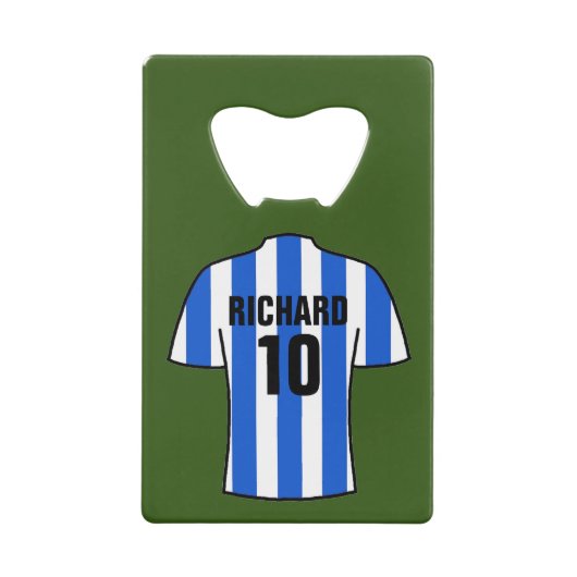 Football Shirt in blauwe en witte strepen Creditkaart Flessenopener (Voorkant)
