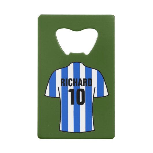 Football Shirt in blauwe en witte strepen Creditkaart Flessenopener (Achterkant)