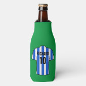 Football Shirt in blauwe en witte strepen Flesjeskoeler (Fles Voorkant)