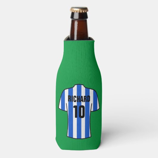 Football Shirt in blauwe en witte strepen Flesjeskoeler (Fles Voorkant)