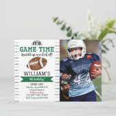 Football spel Verjaardag foto uitnodiging wit (Staand voorkant)