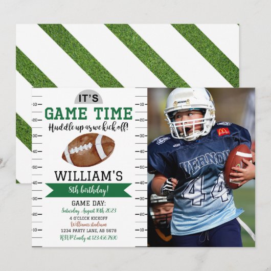 Football spel Verjaardag foto uitnodiging wit (Voorkant / Achterkant)
