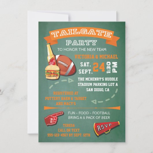 Football Tailgate Party green chalkboard Invite Kaart (Voorkant)