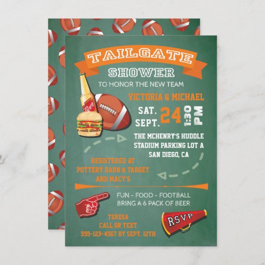 Football Tailgate Shower green chalkboard Invite Kaart (Voorkant / Achterkant)