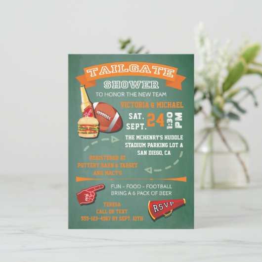 Football Tailgate Shower green chalkboard Invite Kaart (Staand voorkant)
