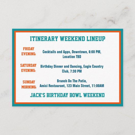 Football thema Aqua Blue Sinaasappel Verjaardagsde Informatiekaartje (Voorkant)