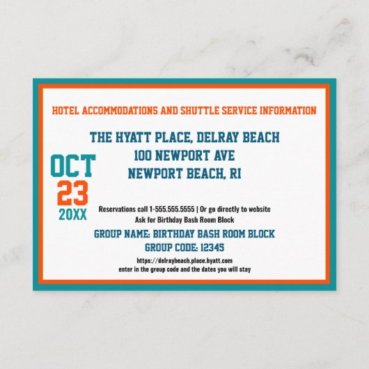 Football thema Aqua Blue Sinaasappel Verjaardagsde Informatiekaartje (Achterkant)